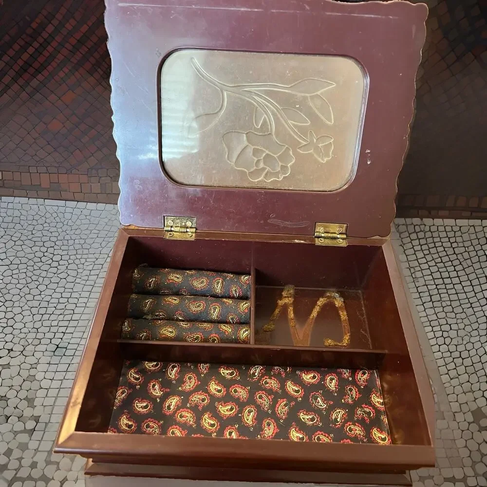 VTG Ornate Dark Red Gold Resin Celluloid Jewelry Box Roses Embossed Details